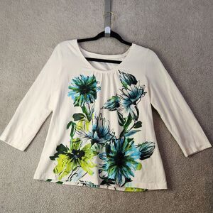 Talbots Aqua White Floral Blouse - Boho Style - Size Large